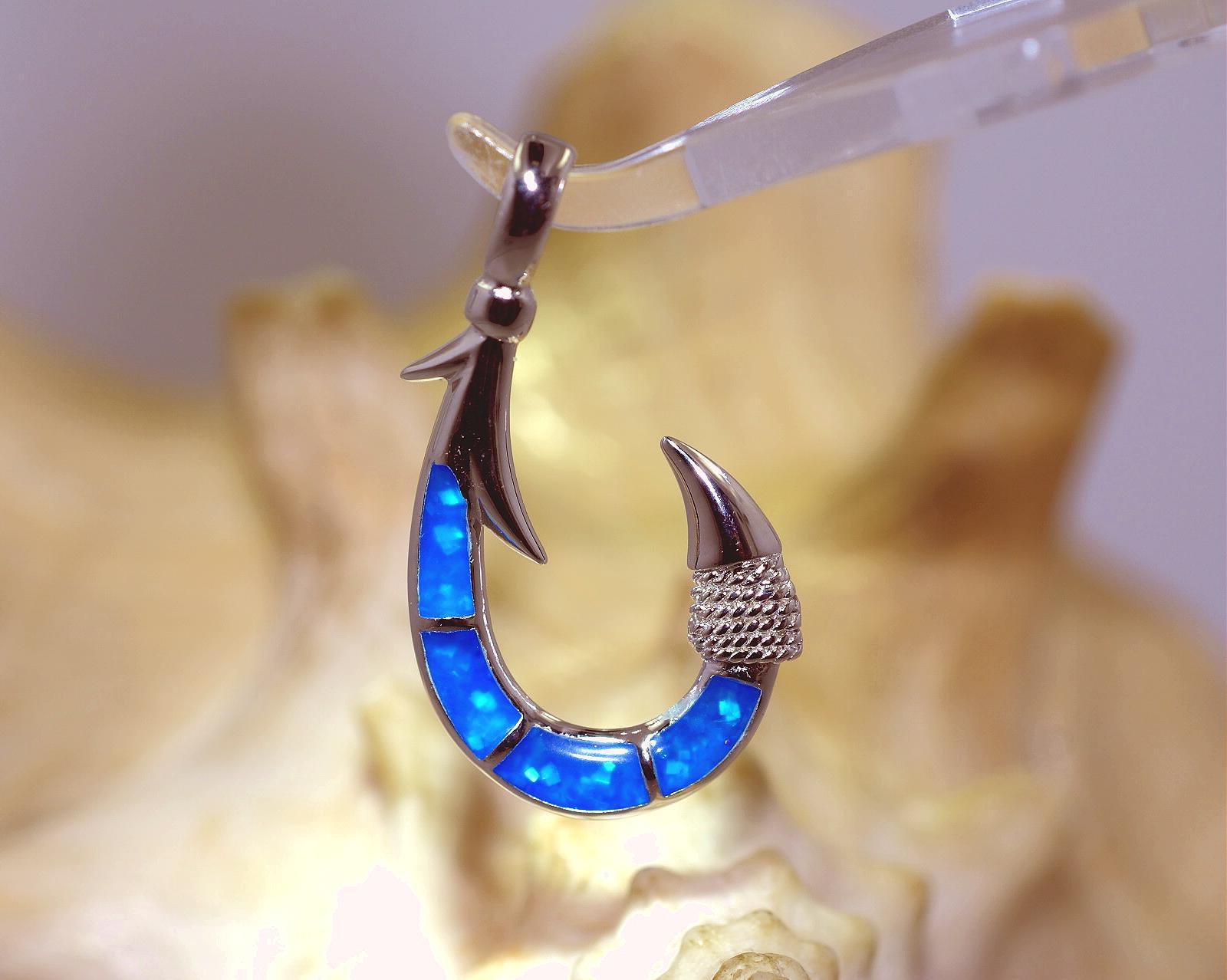 22.5MM RHODIUM 925 STER SILVER HAWAIIAN MAKAU FISH HOOK INLAID OPAL PENDANT #2