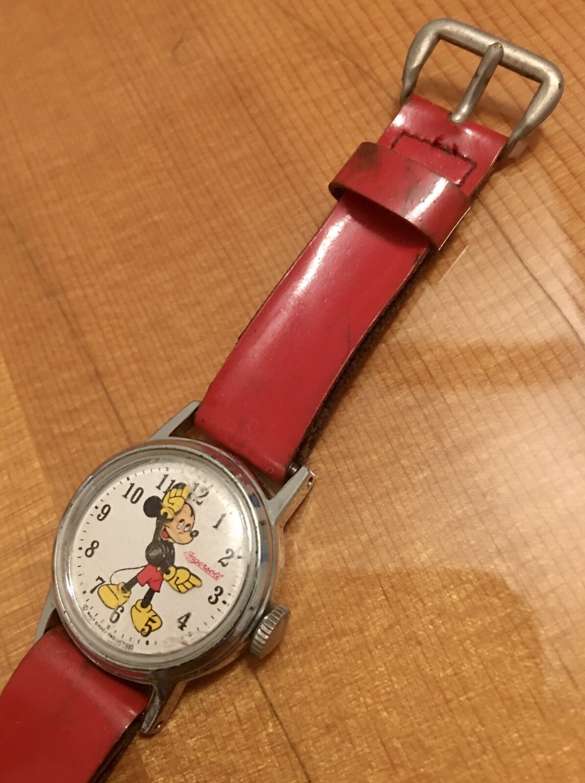 ✅Vintage Ladies 60s Time Ingersoll Mickey Mouse Moving Hands Watch-Red Band