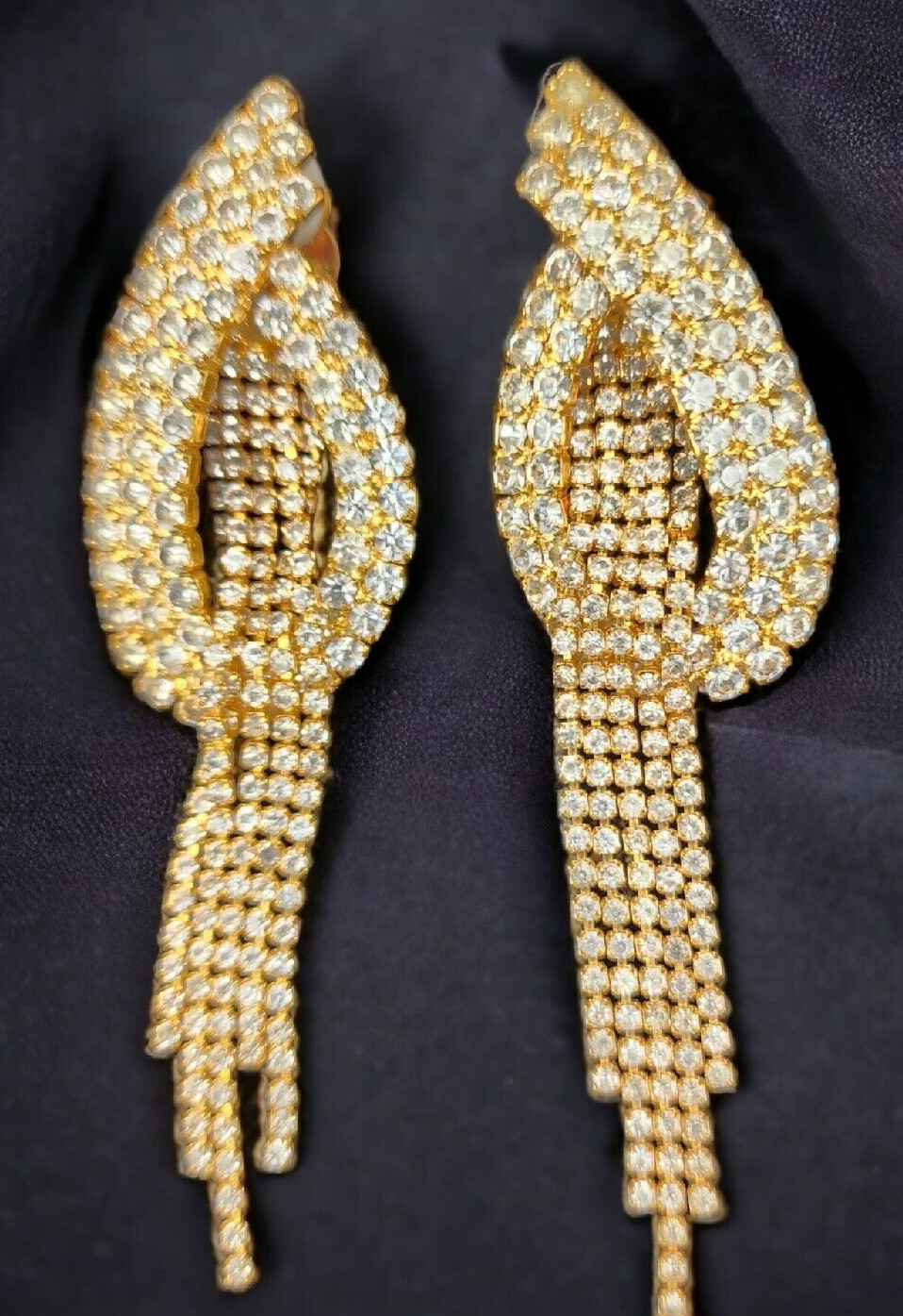 STRIKING Dangle Earrings Covered In Crystals Clip On Gold Tone Dangle 3.75″