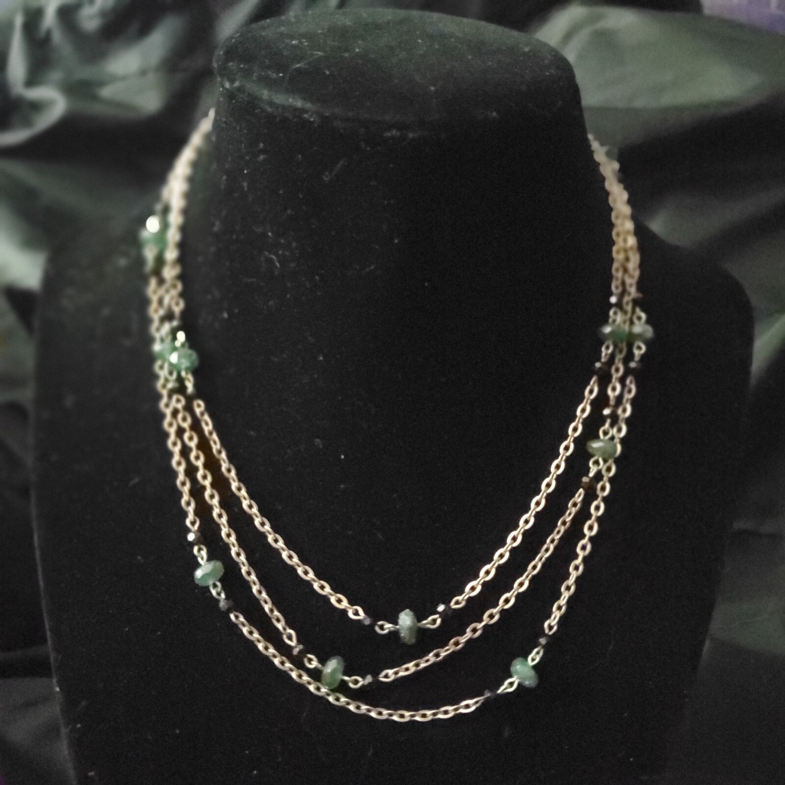 Vtg 48″! Jade & Black Crystal Necklace Gold Tone X-Long Versatile Classic Luxury