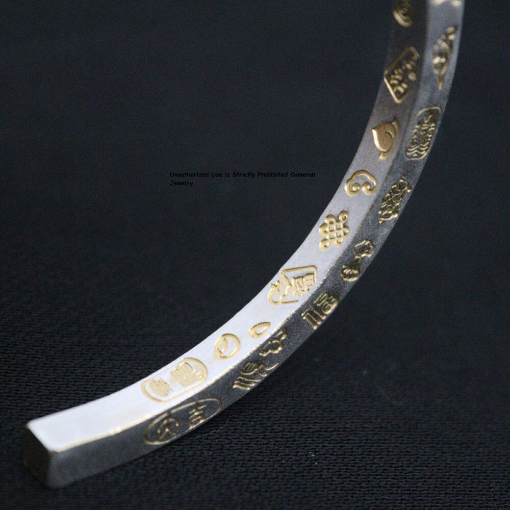 Pure S999 Fine Silver 999 Bracelet 5mm Enamel Square Heart Sutra Figure Bangle