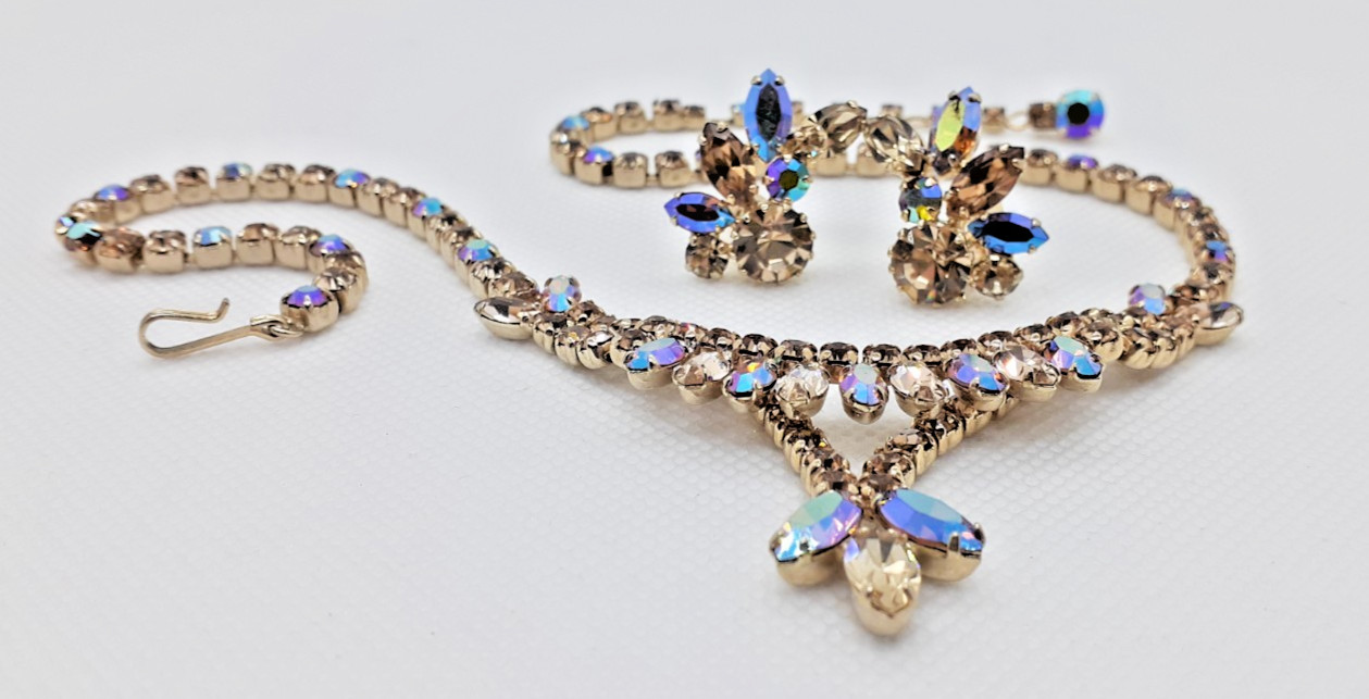 VTG SHERMAN Gold Semi-Rigid Swarovski Light Colorado & AB’s Necklace & Earrings
