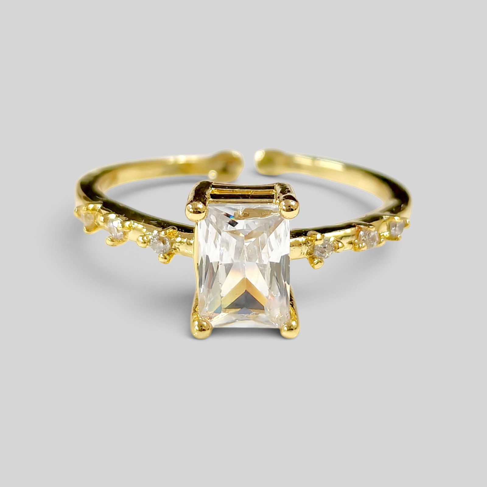 Gold Plated White Emerald Cut Cubic Zircon Open Adjustable Ring Band Women Gift