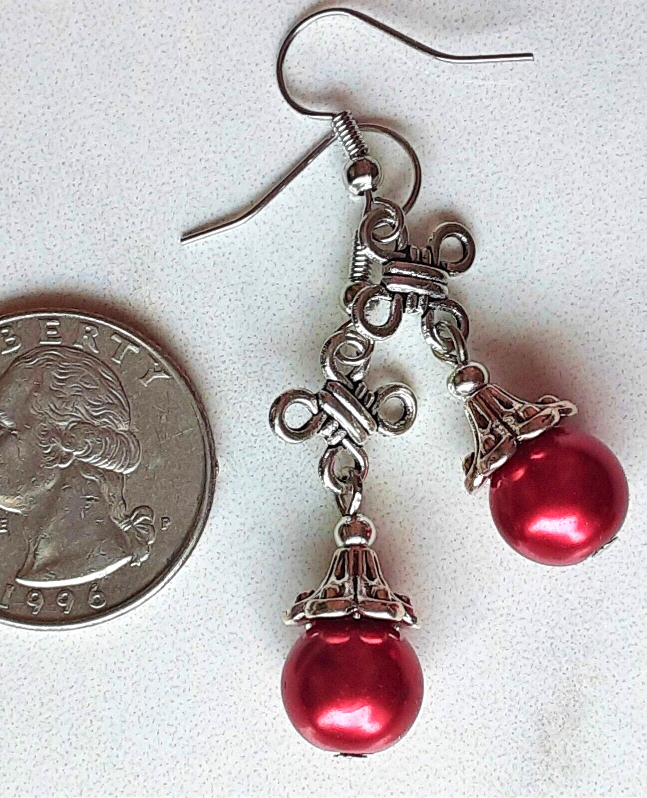 RED CELTIC KNOT GLASS PEARL drop earring SP FISH hook WPGH15