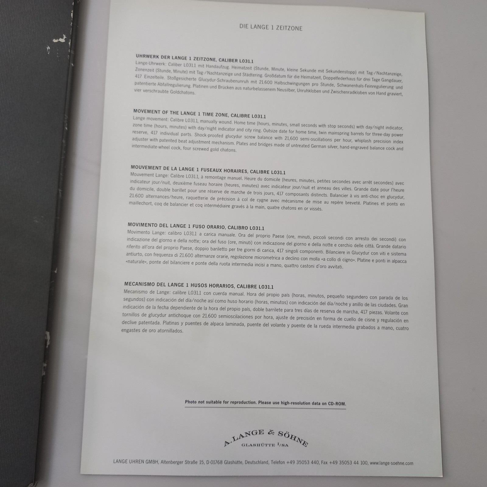 Rare 2005 A. Lange & Söhne Lange 1 Time Zone Press Kit & Technical Drawings