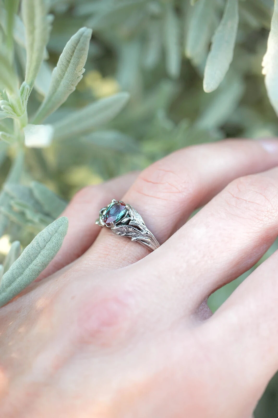 Alexandrite ring, engagement ring, 925 Sterling Silver, leaves Shape ring