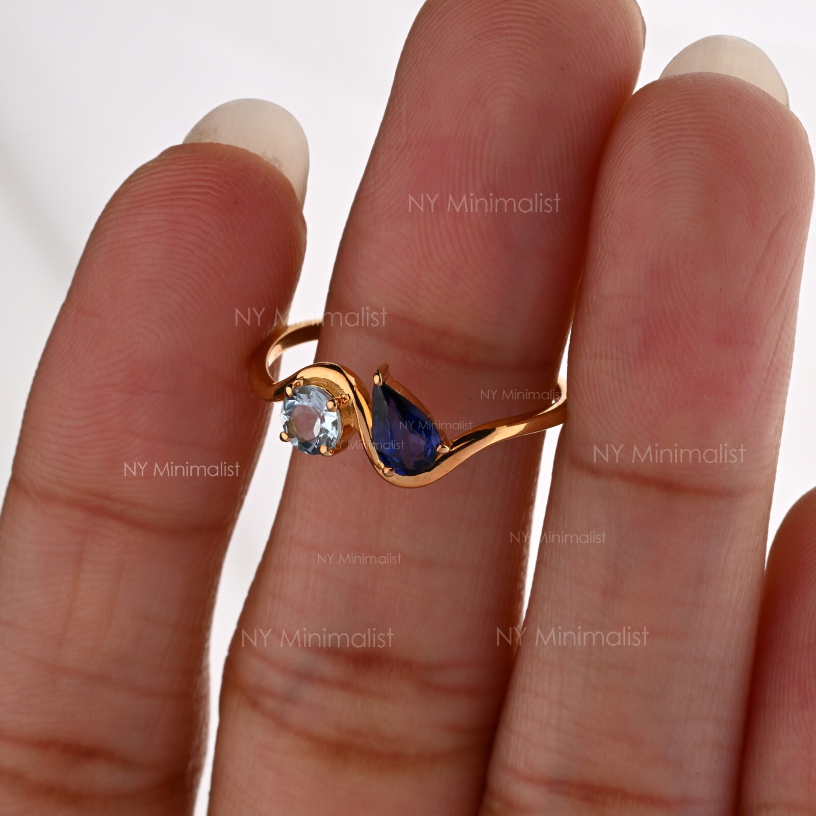 Natural Diffused Pear Blue Sapphire & Round Aquamarine 14K Gold Wave Band Ring