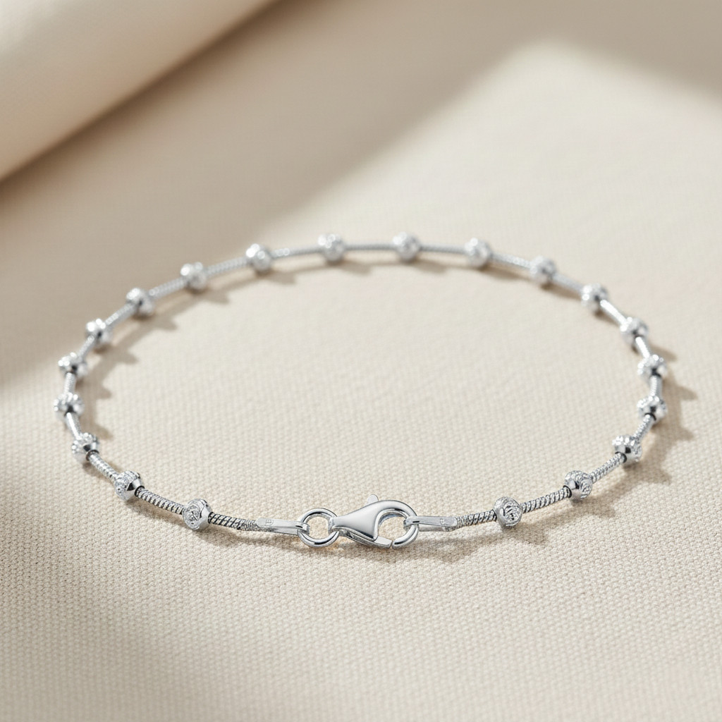 Solid 925 Sterling Silver Diamond-Cut Ball Beaded Chain Italian Bracelet 7″ 7.5″