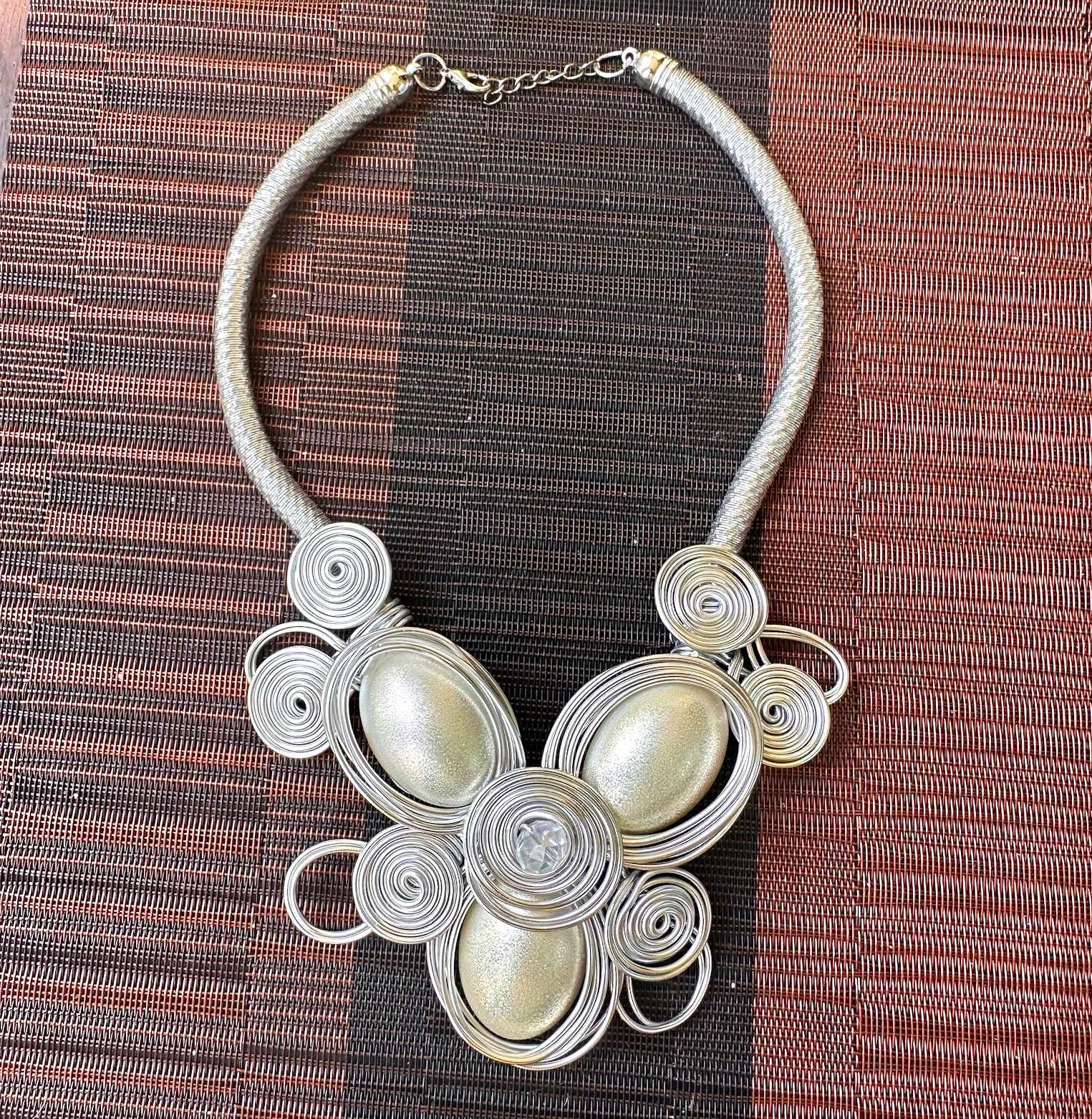 Silver Tone Metal Cord Necklace Wire Wrapped Oval Charm Pendant, Adjustable