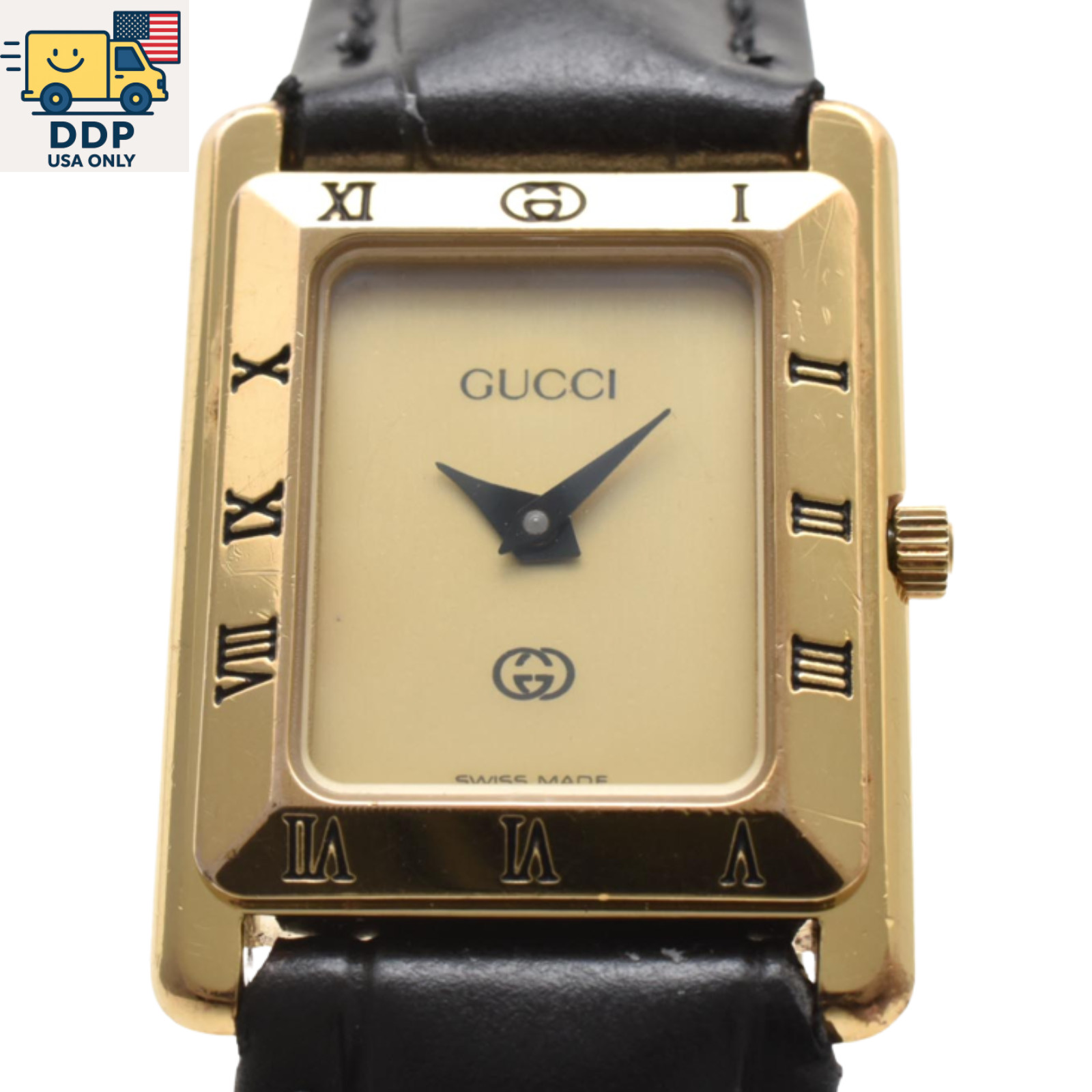GUCCI 4200L Vintage Quartz Women’s Watch Gold Dial 20mm Black Belt Japan [Exc+5]