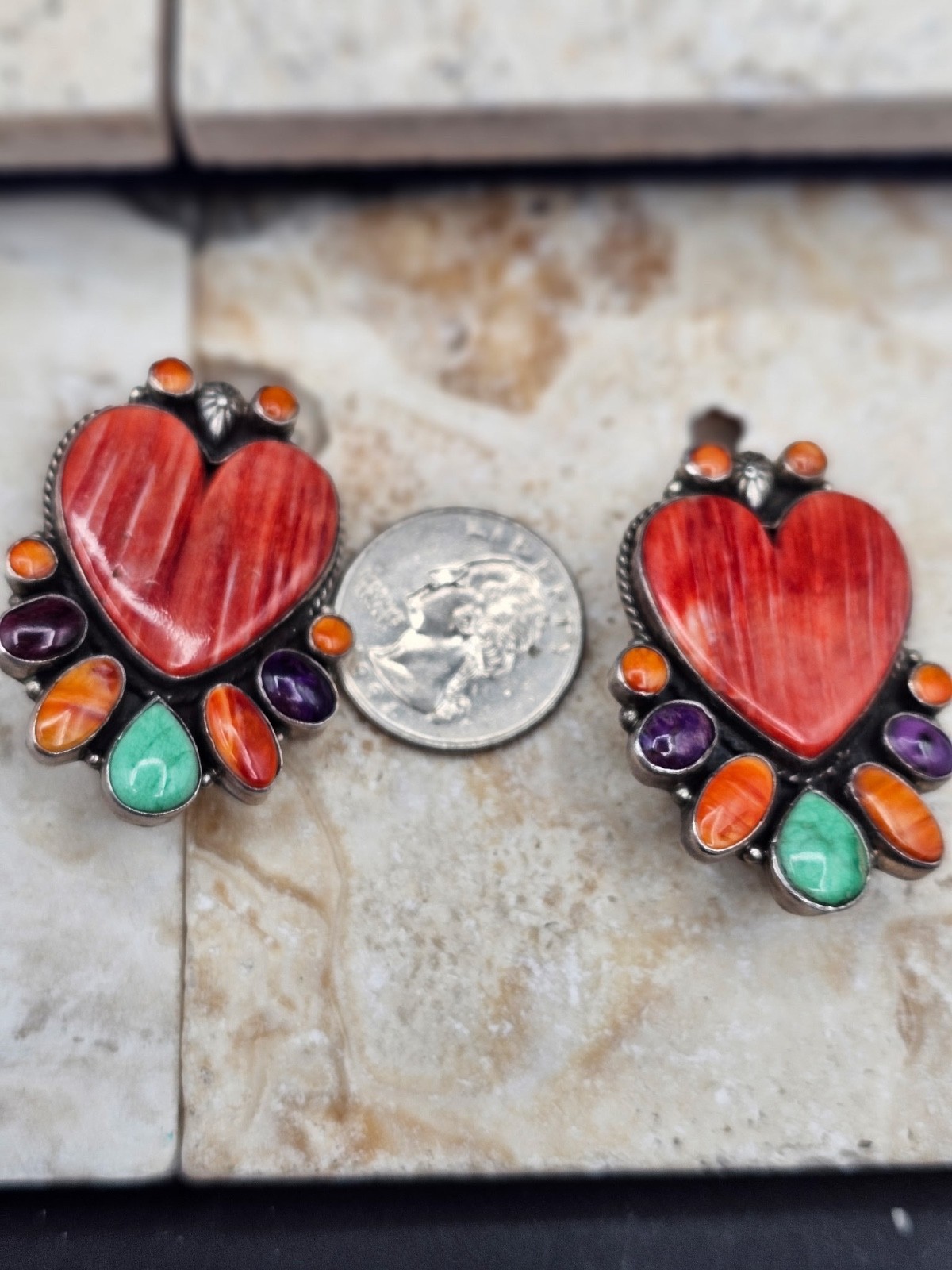 Vintage D.M. Lee Navajo Sterling Spiny Oyster Multi Stone Heart Clip Earrings