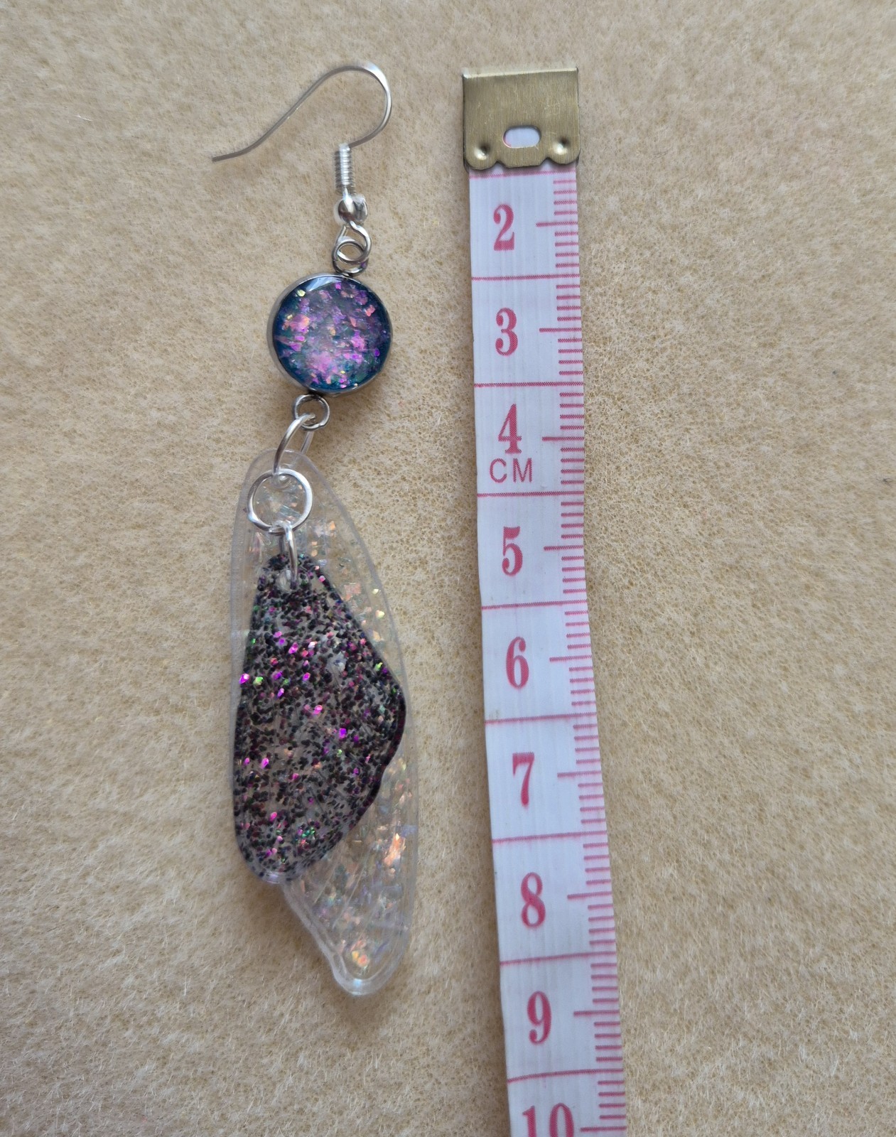 beautiful long glitter butterfly wings resin earrings 8cm with hook fastening