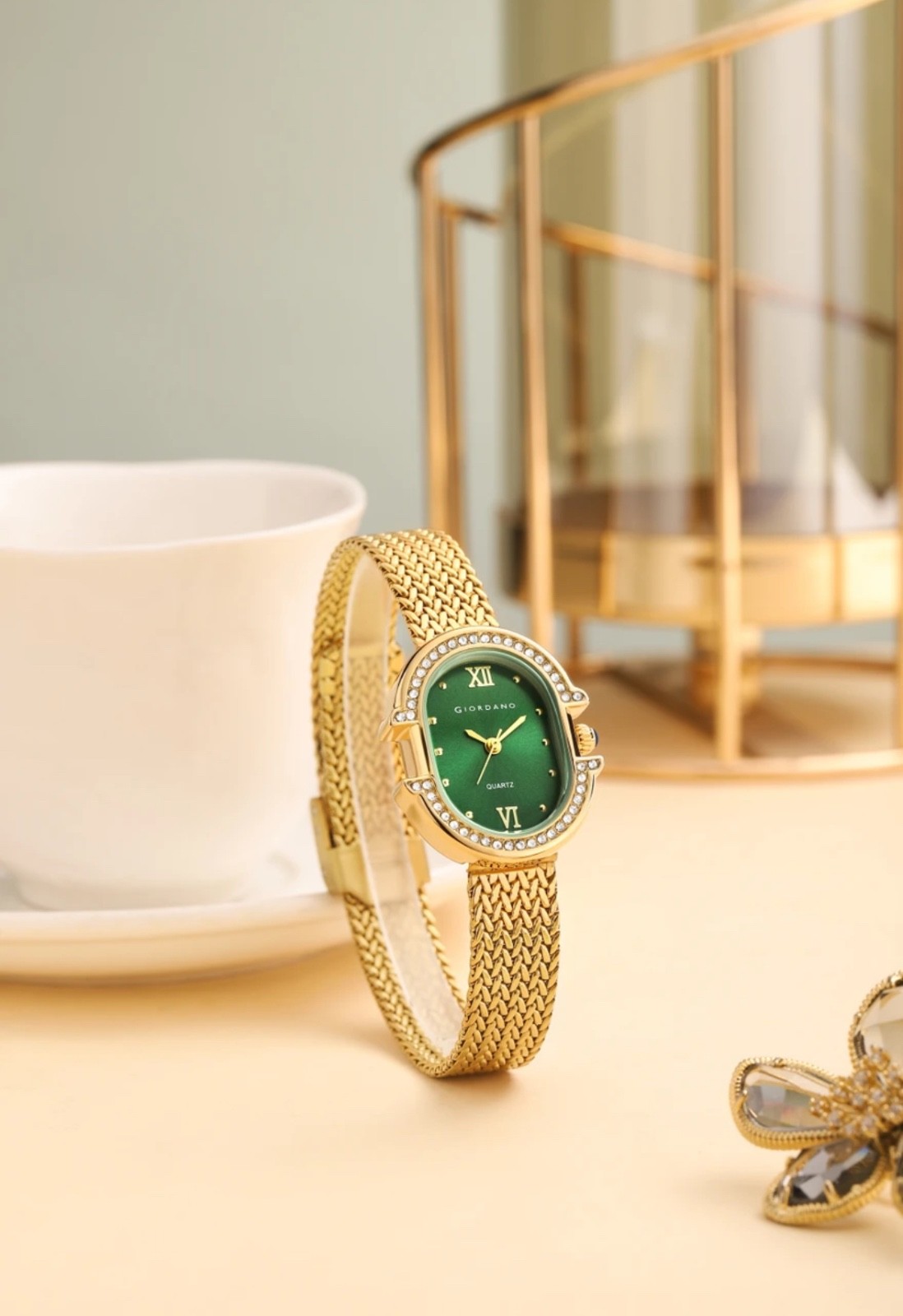 Giordano Women’s Green Dial Quartz Watch Gold Tone Crystal Bezel Stainless Steel