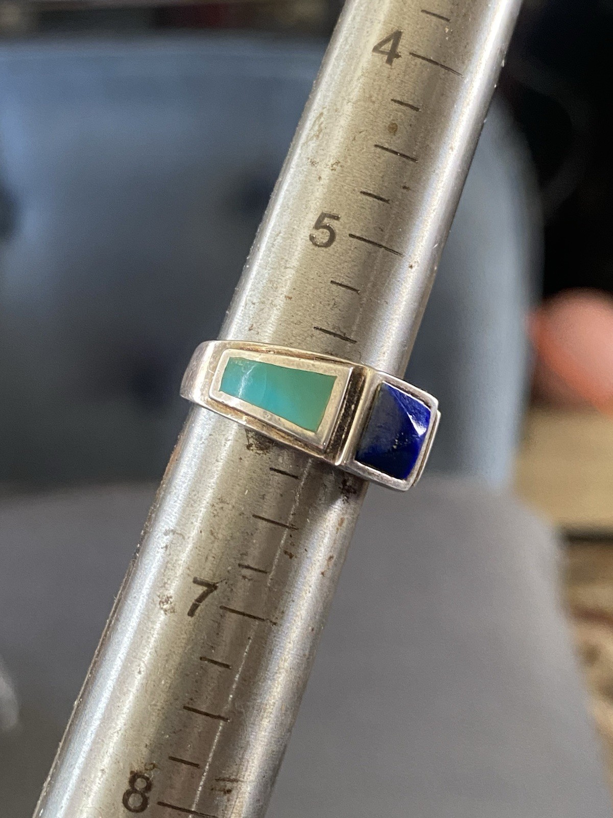 Sterling Silver Turquoise And Lapis Inlay Ring/Southwestern Navajo Style 5.7 gr