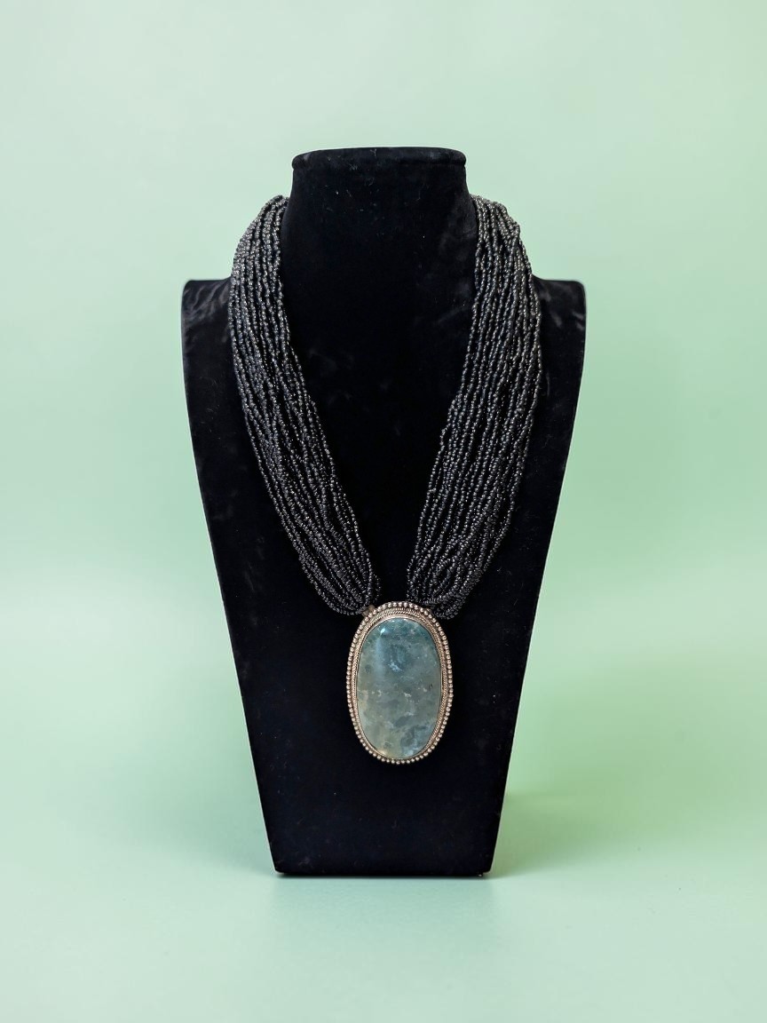 Vintage Moss Agate Pendant Necklace, Multi Strand Black Bead Bohemian Necklace
