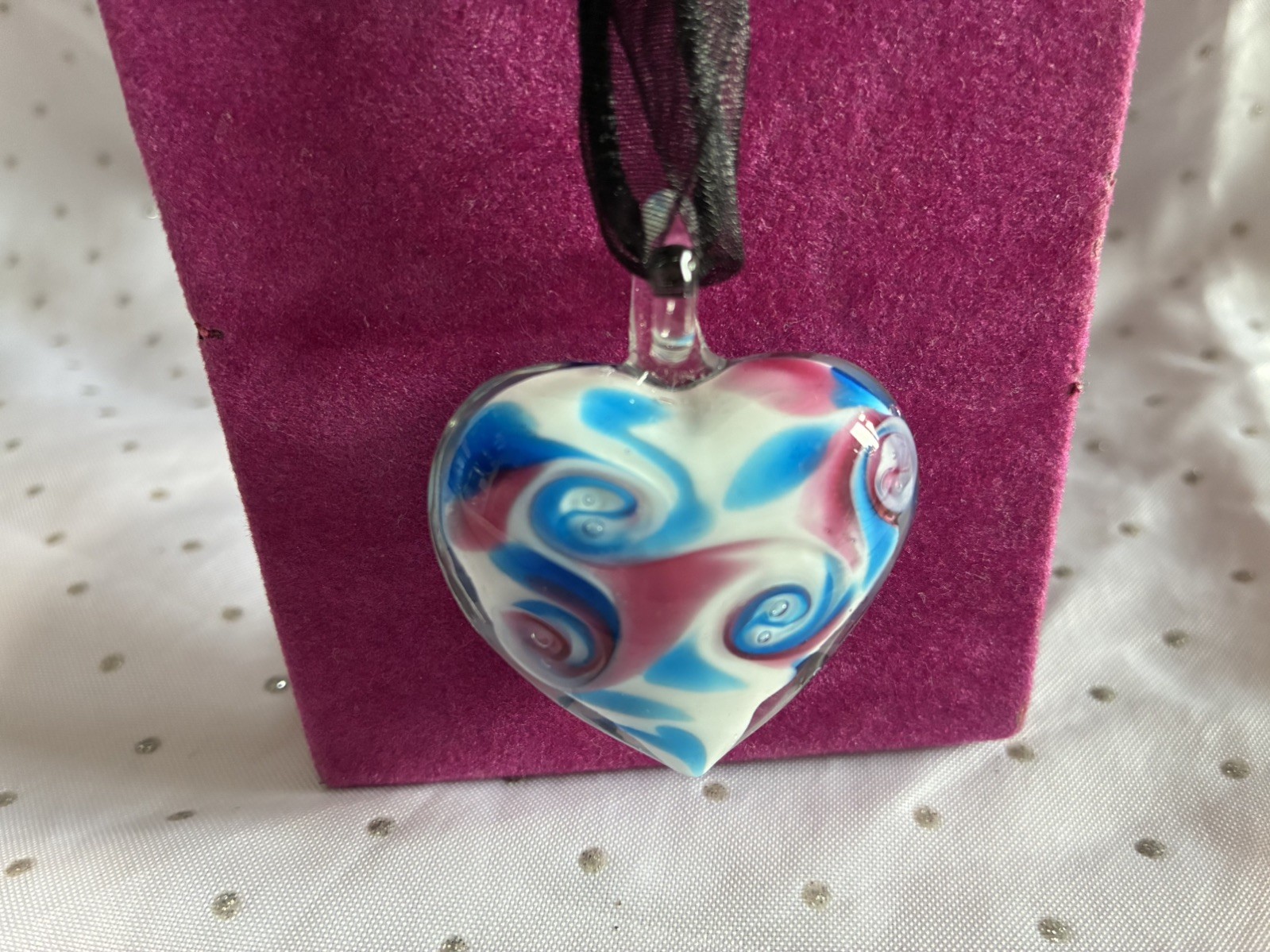 Murano Glass Style Heart White Blue Pink -Black Cord Ribbon Necklace 40cm Length