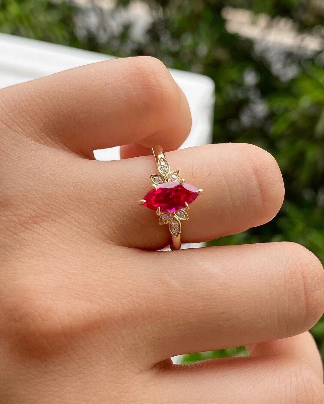 Marquise Cut Simulated Red Ruby Women’s Engagement Ring 14k Yellow Gold Plated