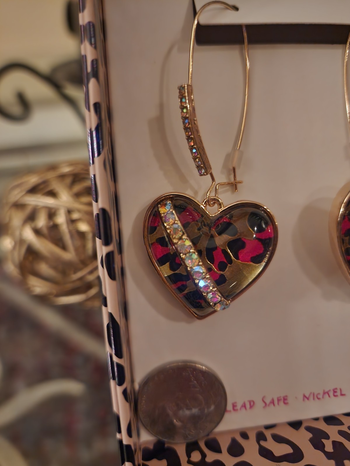BETSEY JOHNSON Red /Black Leopard Cheetah Gold Dangle Crystal Earrings $49 NIB!