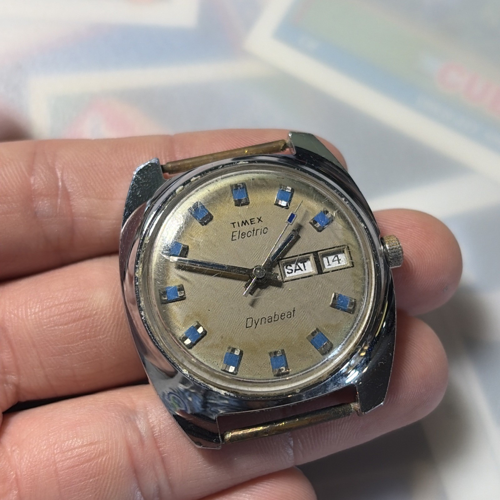Vintage Men’s TIMEX Electric Dynabeat Day/Date, Blue Indices For Parts/Repair