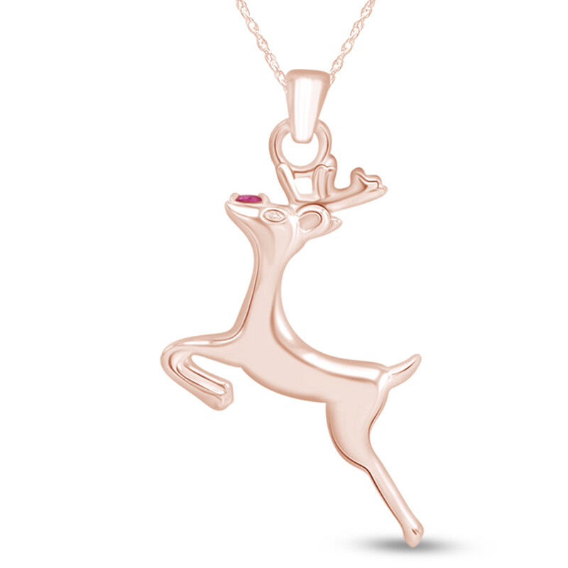 Ruby Reindeer Pendant & Chain 14k Rose Gold Plated