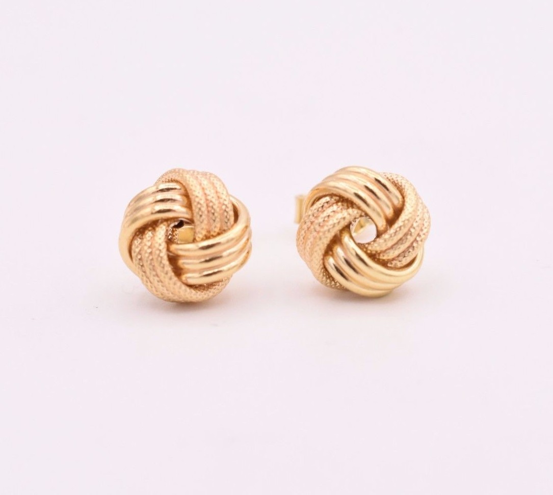 Italian Love Knot Rosetta Textured Stud Earrings Solid 14K All Yellow Gold 9mm