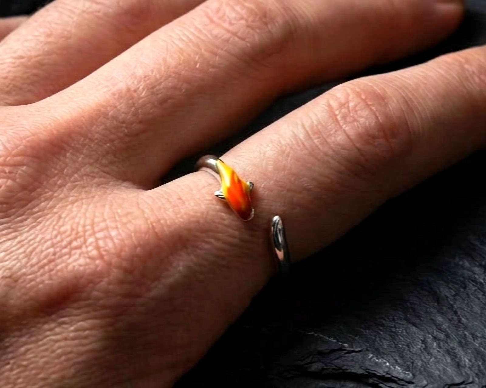 Koi Fish Rings Adjustable Enamel Wrap Ring • Red/Blue Koi & Abstract Orange