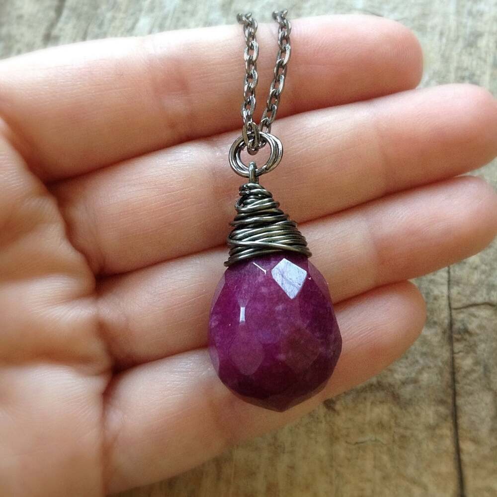 Garnet January Birthstone Necklace Wire Wrapped Faceted Glass Teardrop Charm