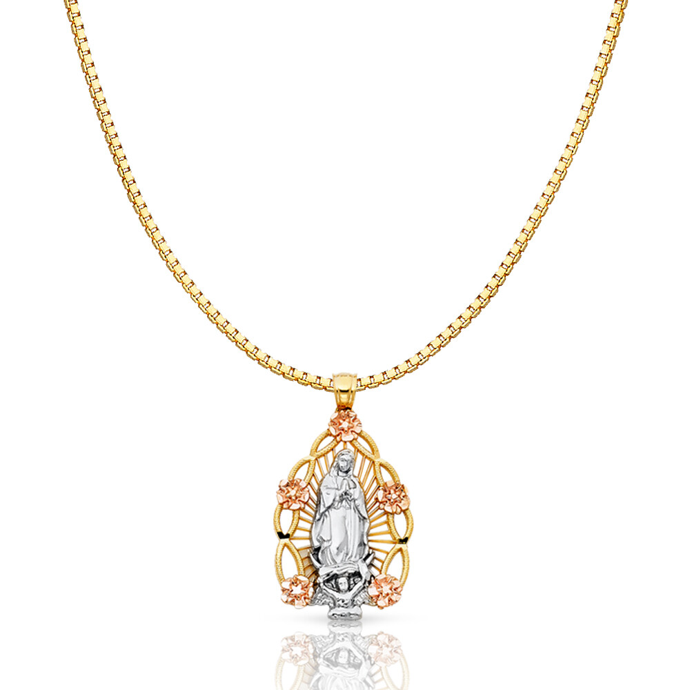 14K Tri Color Gold Religious Guadalupe Charm Pendant & 1.2mm Box Chain Necklace