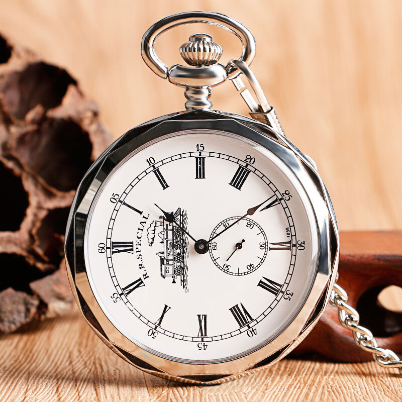 Silver Hand Winding Pocket Watch with Chain Open Face Railway Engine Mechanical