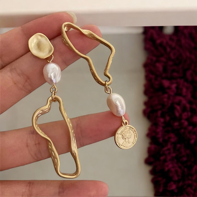 Irregular Matte Color Pearl Drop Earrings Gold Asymmetrical Hanging Earrings