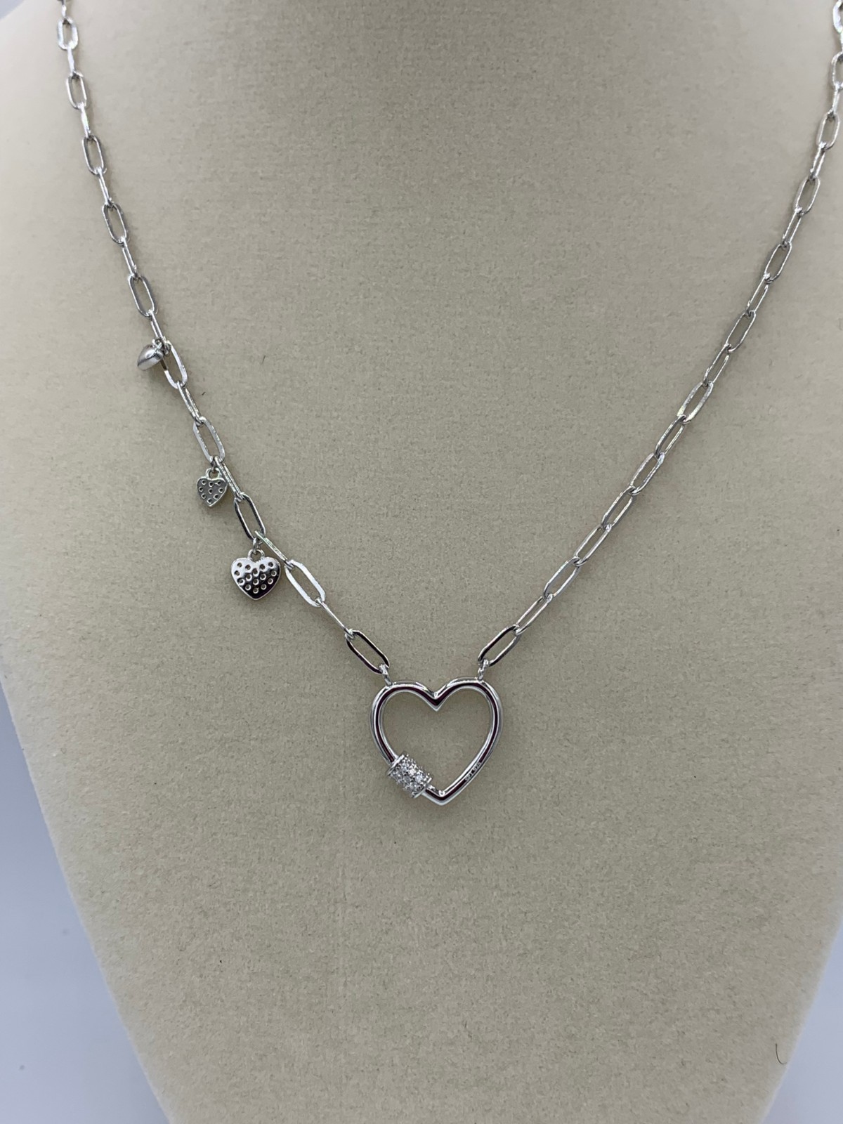Rhodium Plated 925 Sterling Silver Heart CZ Paperclip Necklace