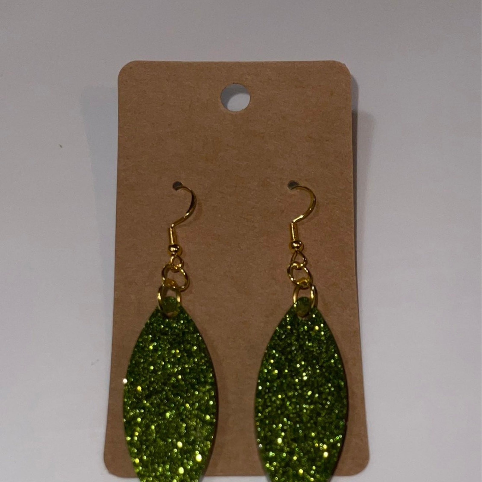 Handmade epoxy resin marquis pointed oval dangle earrings lime green glitter