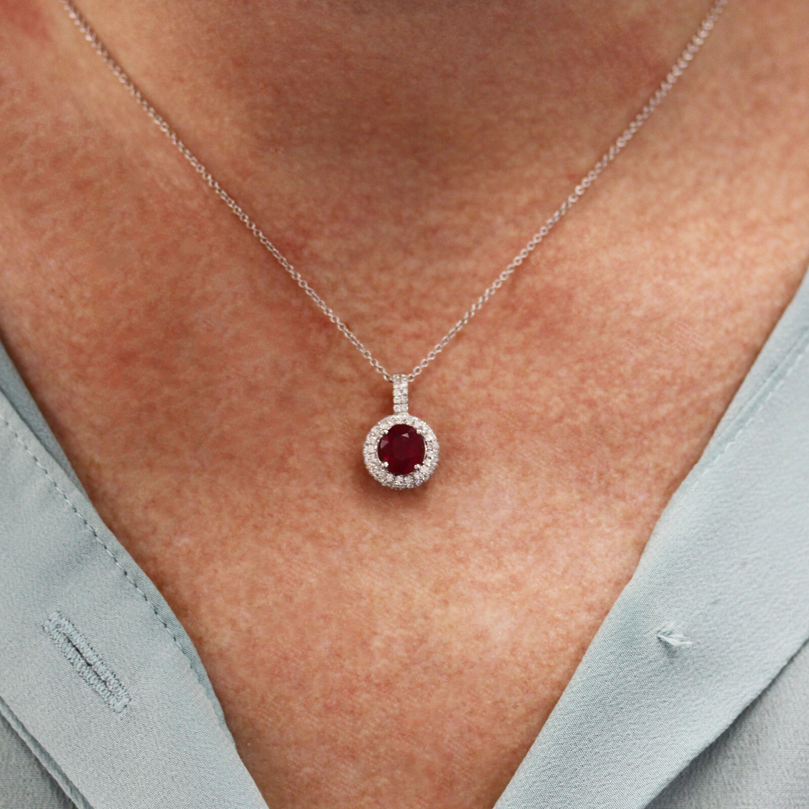 2.4 ctw Natural Red Ruby & Diamond Solid 14k White Gold Halo Drop Pendant 17 MM
