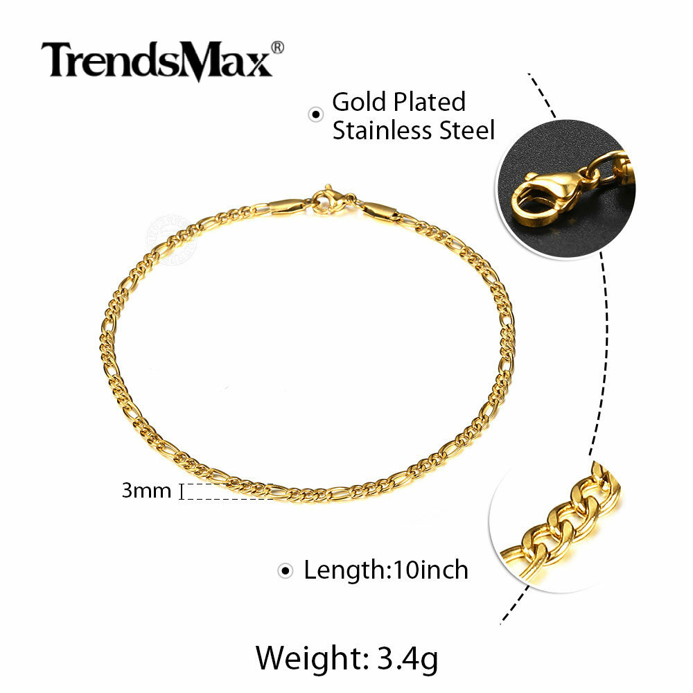 3mm 10inch Gold Stainless Steel Figaro Link Anklet Foot Chain Bracelet for Women