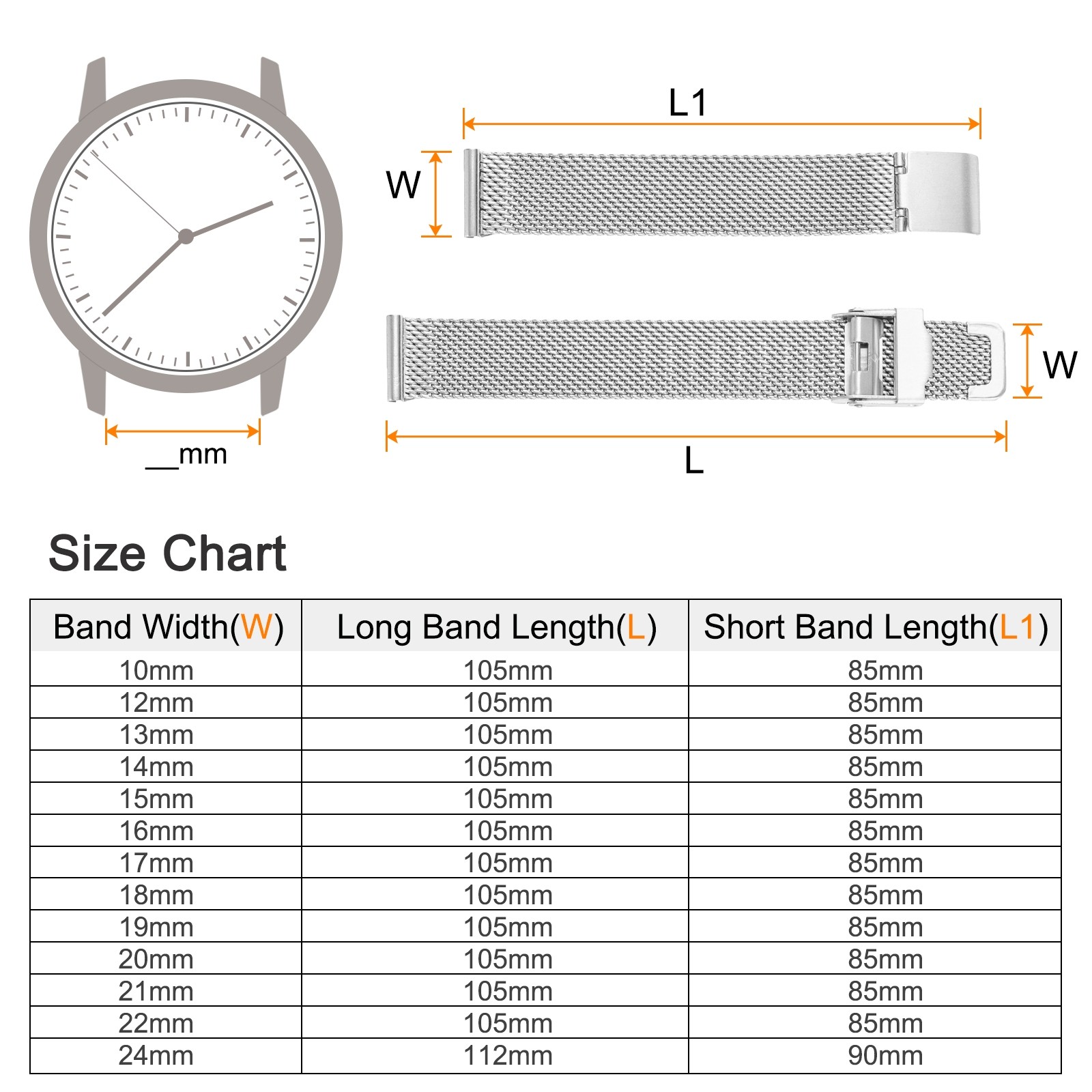316 Stainless Steel Mesh Watch Band 15mm Quick Release Adjust Strap Silver