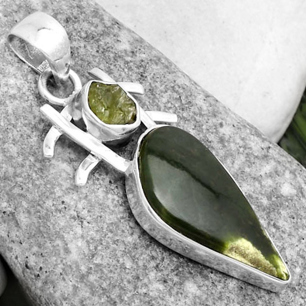 Chrome Chalcedony & Peridot Rough 925 Sterling Silver Pendant Jewelry P-1046