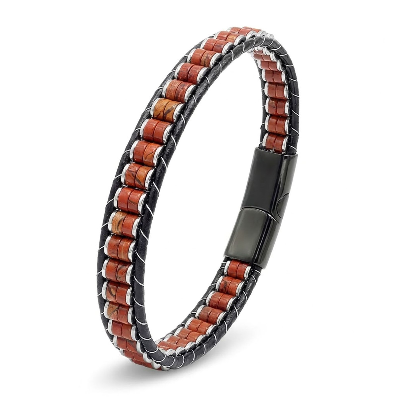 Red Jasper & Hematite Stainless Steel Braided Leather Bracelet