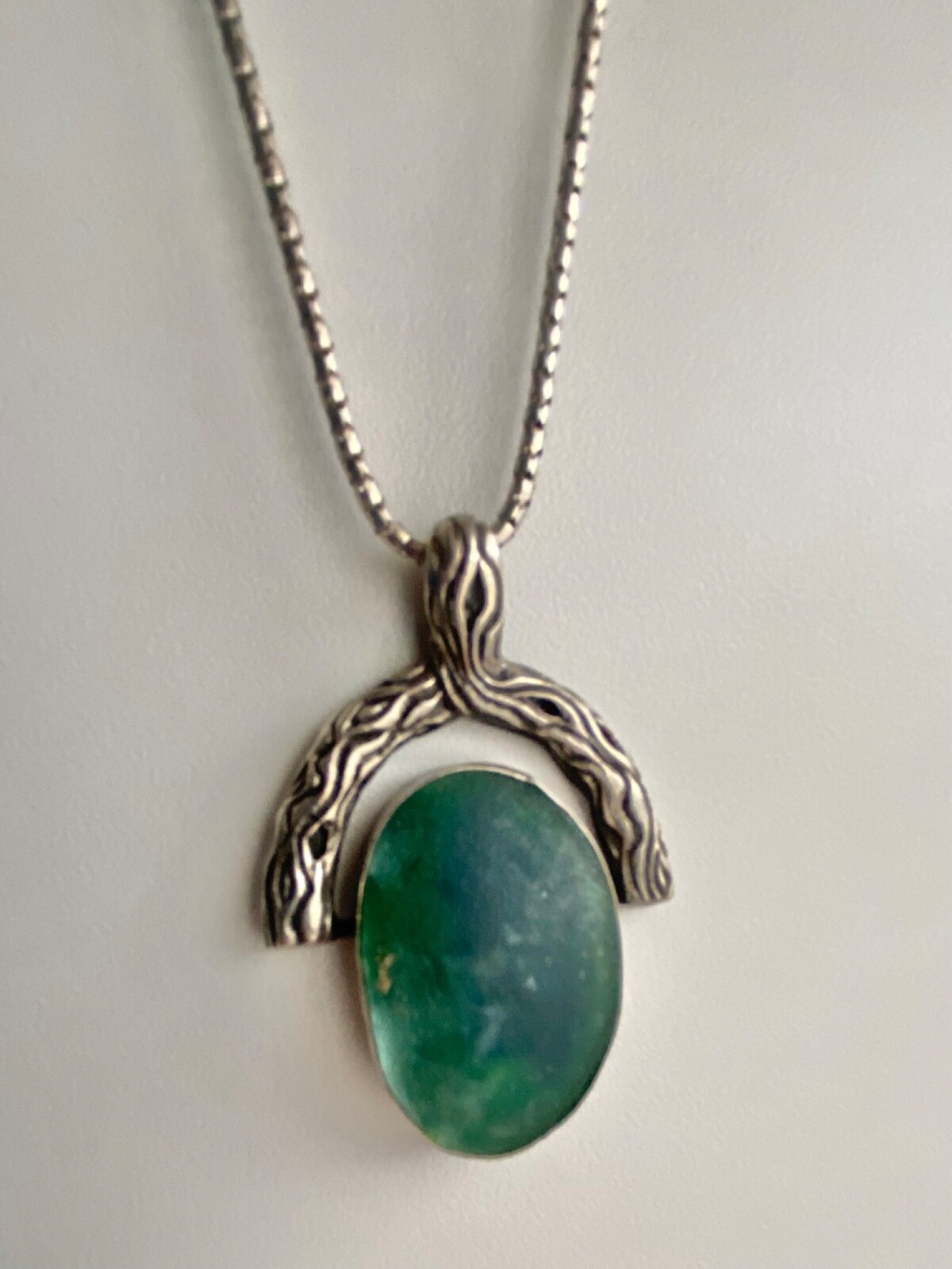 Ancient Roman Glass Deep Green 925 Silver Pendant Necklace Brand New