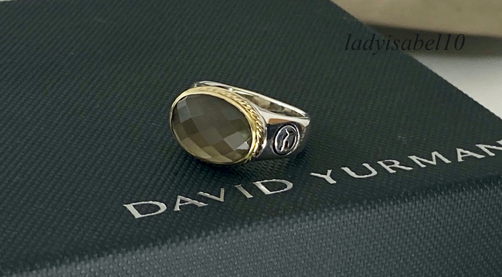 Sz. 6 David Yurman 18k Gold Silver Smokey Quartz Petite Ring w Pouch – Authentic