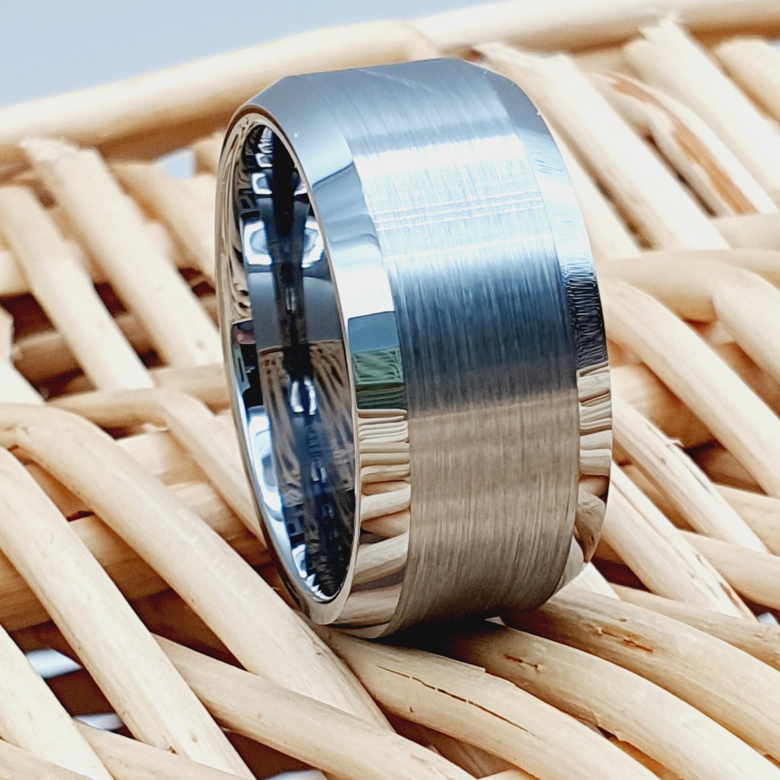 Flat Beveled Edges Tungsten Ring with Brushed Center Hip Hop Engagement Ring Men