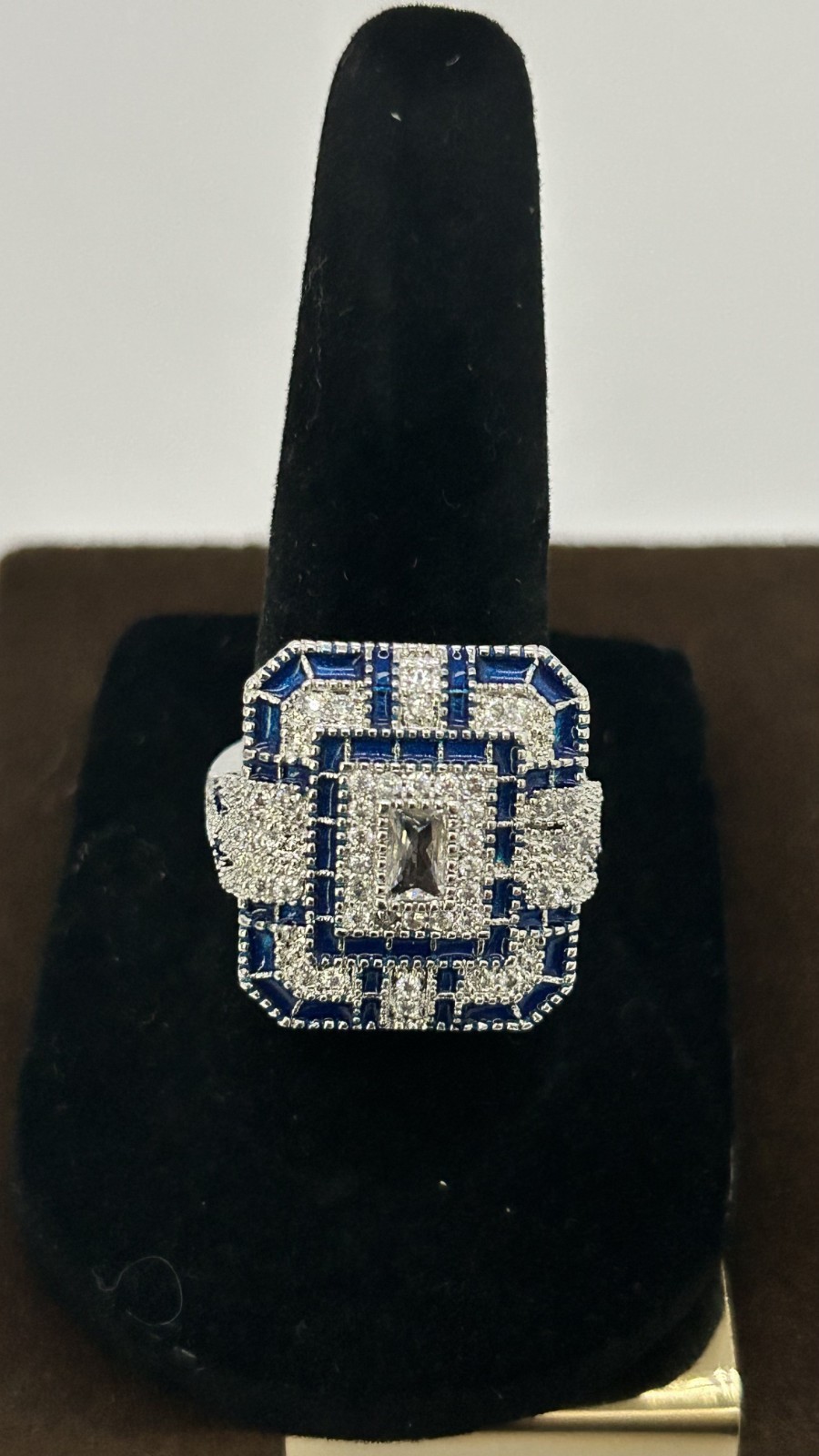 ✨ Silver Tone Art Deco Style Cocktail Ring – Sapphire Blue & Clear CZ – Size 7 –