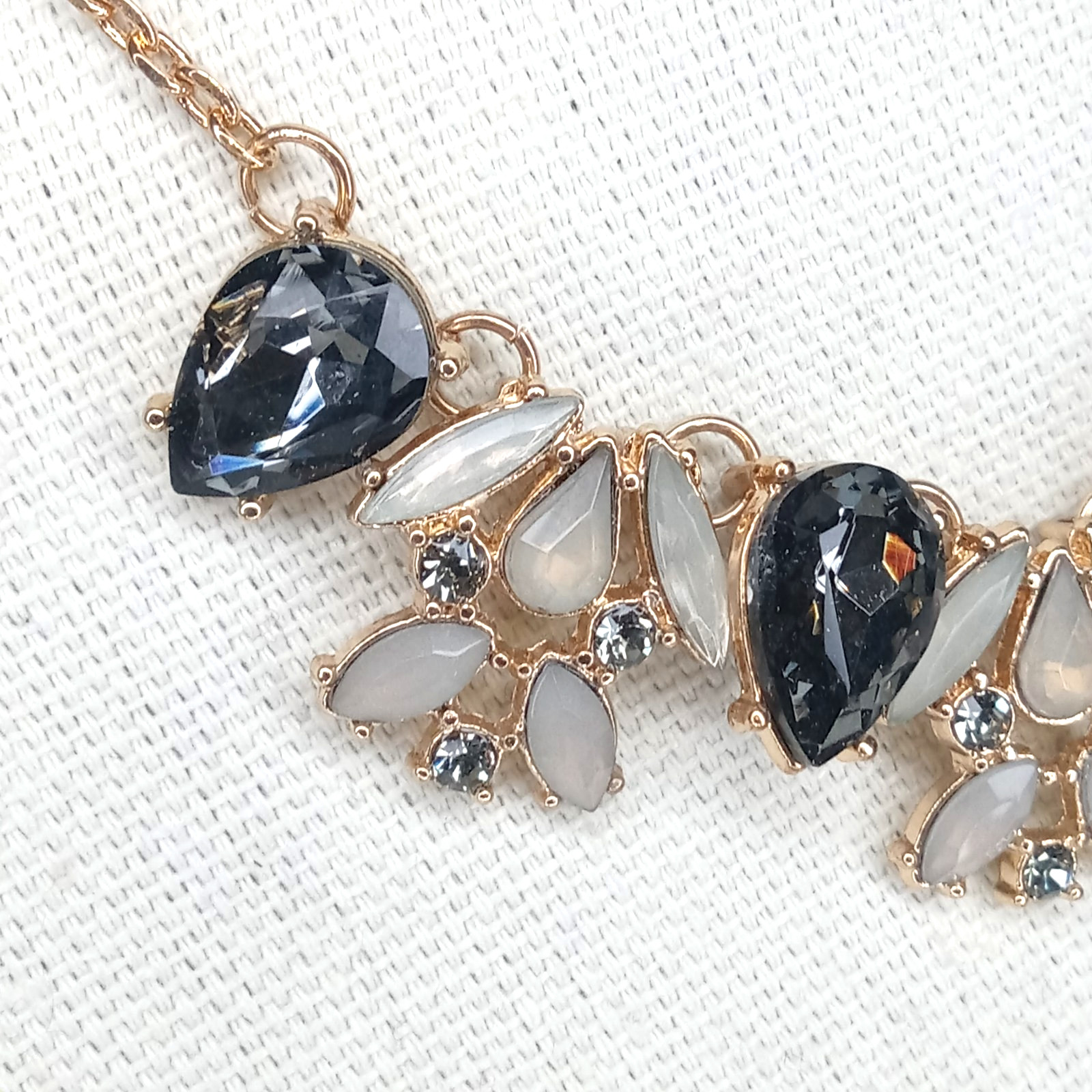 Statement Necklace Gold Tone Smoky Black& Clear Rhinetones Vintage-Inspired Glam