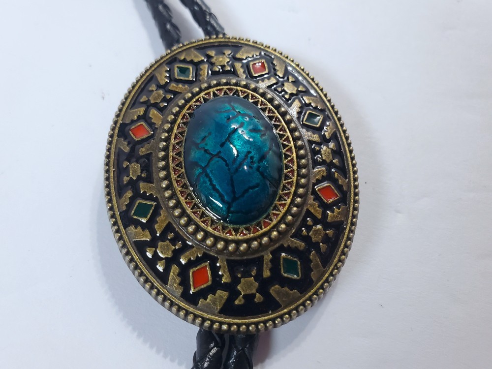 WESTERN BOLO TIE Oval Gold & Multi-Color Black Leather Cord Gold Tips