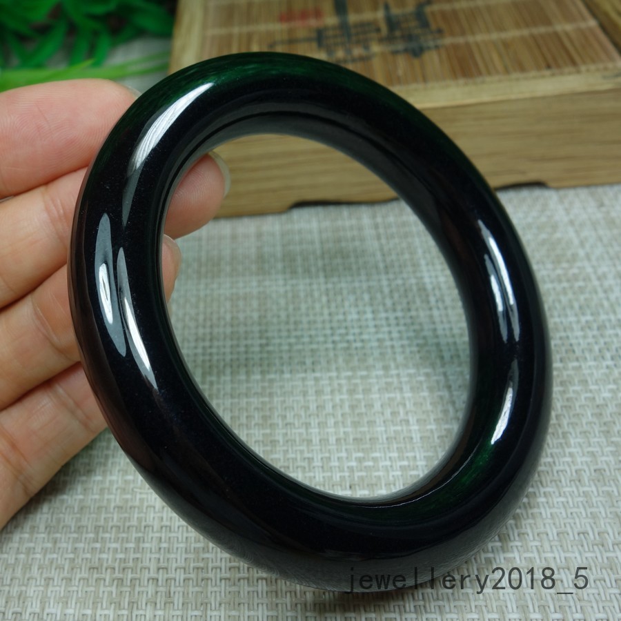Certified Black Green Burma 100% Natural A Jadeite jade Bracelet 墨翠 圆条玉手镯 58.9mm