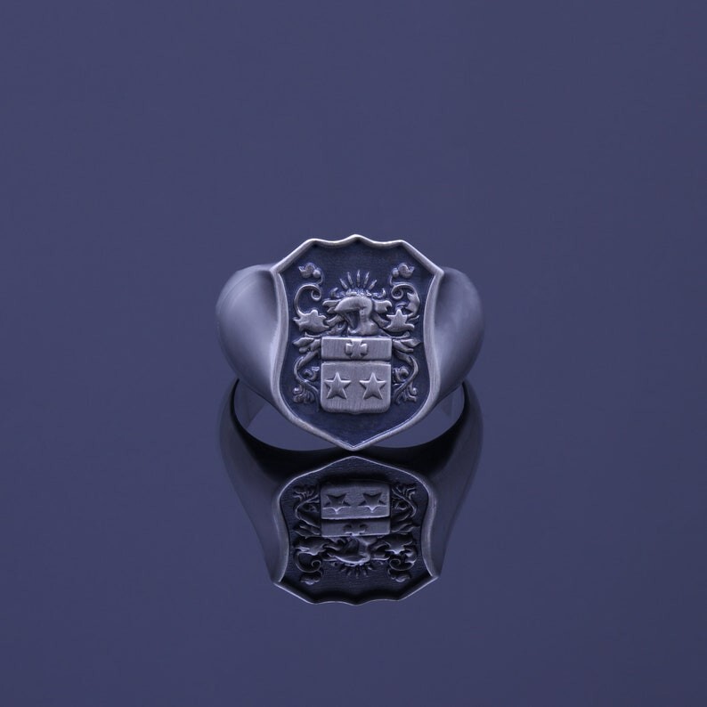 Men’s Silver Shield Signet Ring – Custom Coat of Arms Family Crest Jewelry