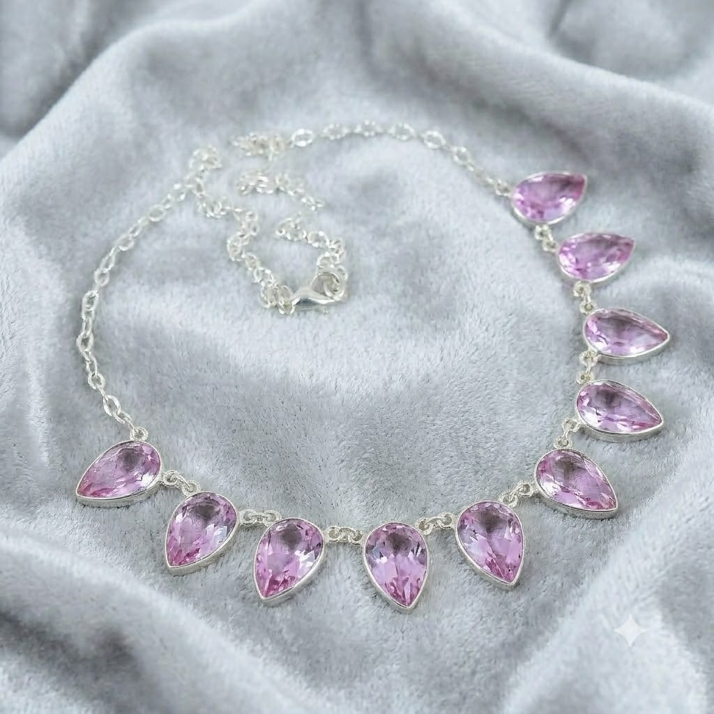 Pink Topaz Gemstone 925 Sterling Silver Jewelry Necklace Size-17-18″