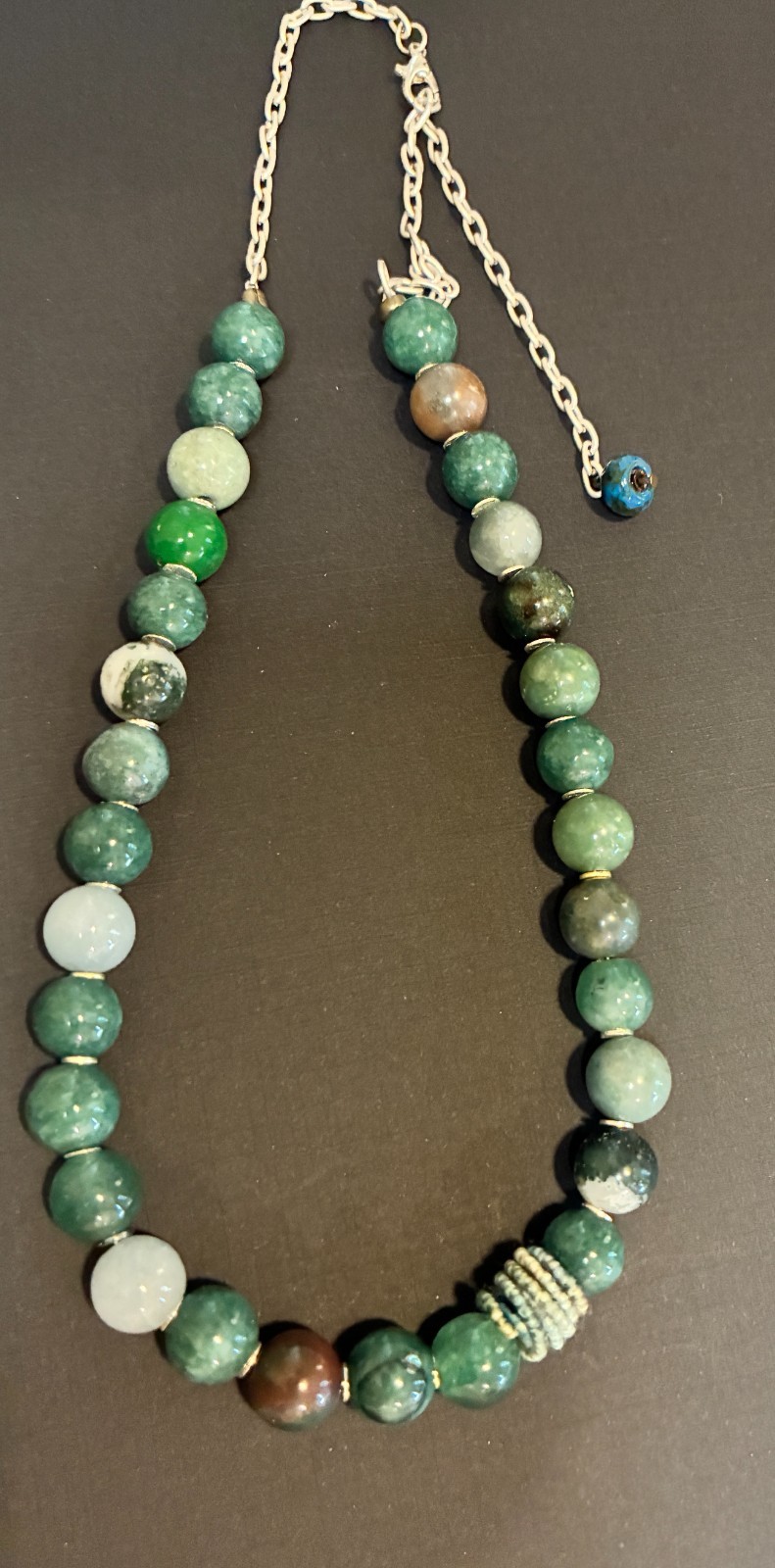 Green Agate Necklace with Handmade Fiber Bead optional earrings, 17″-21″