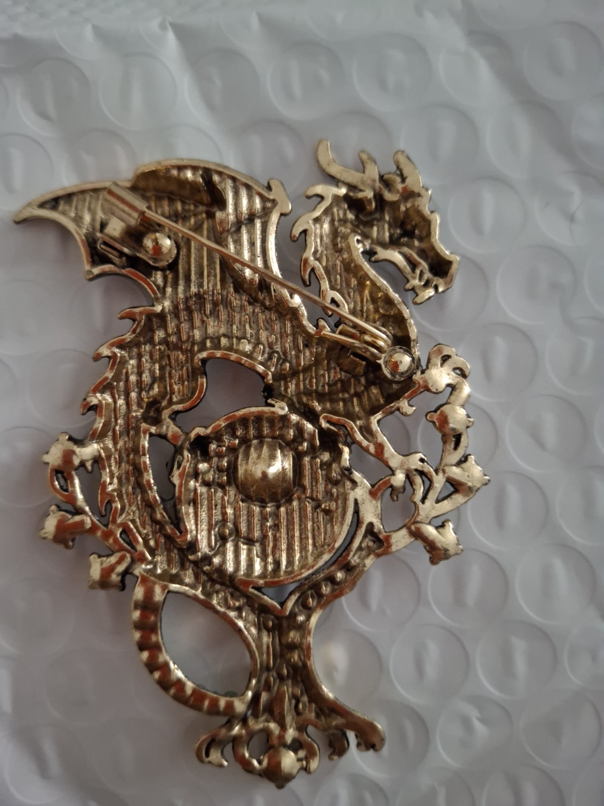 Dragon Brooch Pin Gold Tone Blue Enamel Blue Round Rhinestone Pavé