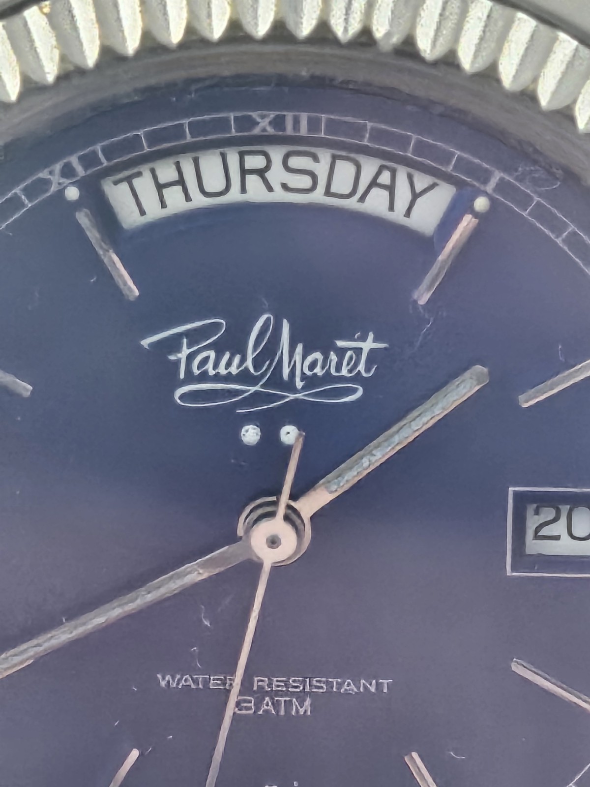 Mens Rare PAUL MARET Blue Sunray Dial Date Presidential Style Fluted Bezel Runs