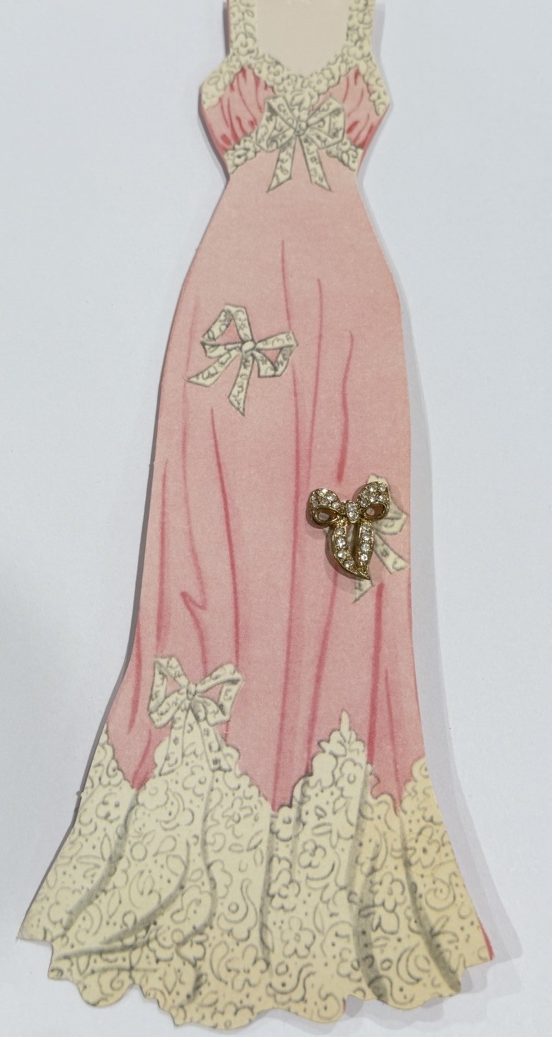 Sophie’s Closet Greeting Card Pink Gown With Gemmed Bow Pin Vintage